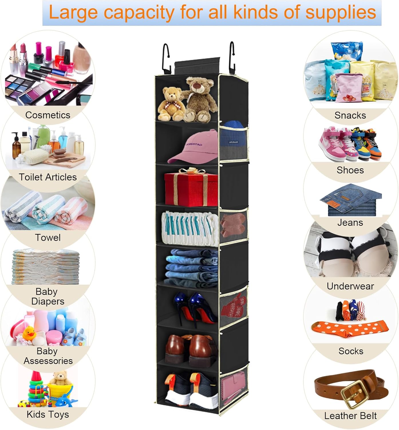 2 Pack Large-Sized Hanging Shoe Organizer 8-Shelf, Hanging Closet Organizer with 8 Side Pockets, Wider Hanging Shelves for Storage Shoes Clothes 9" W × 11.8" D× 48" H, Black.