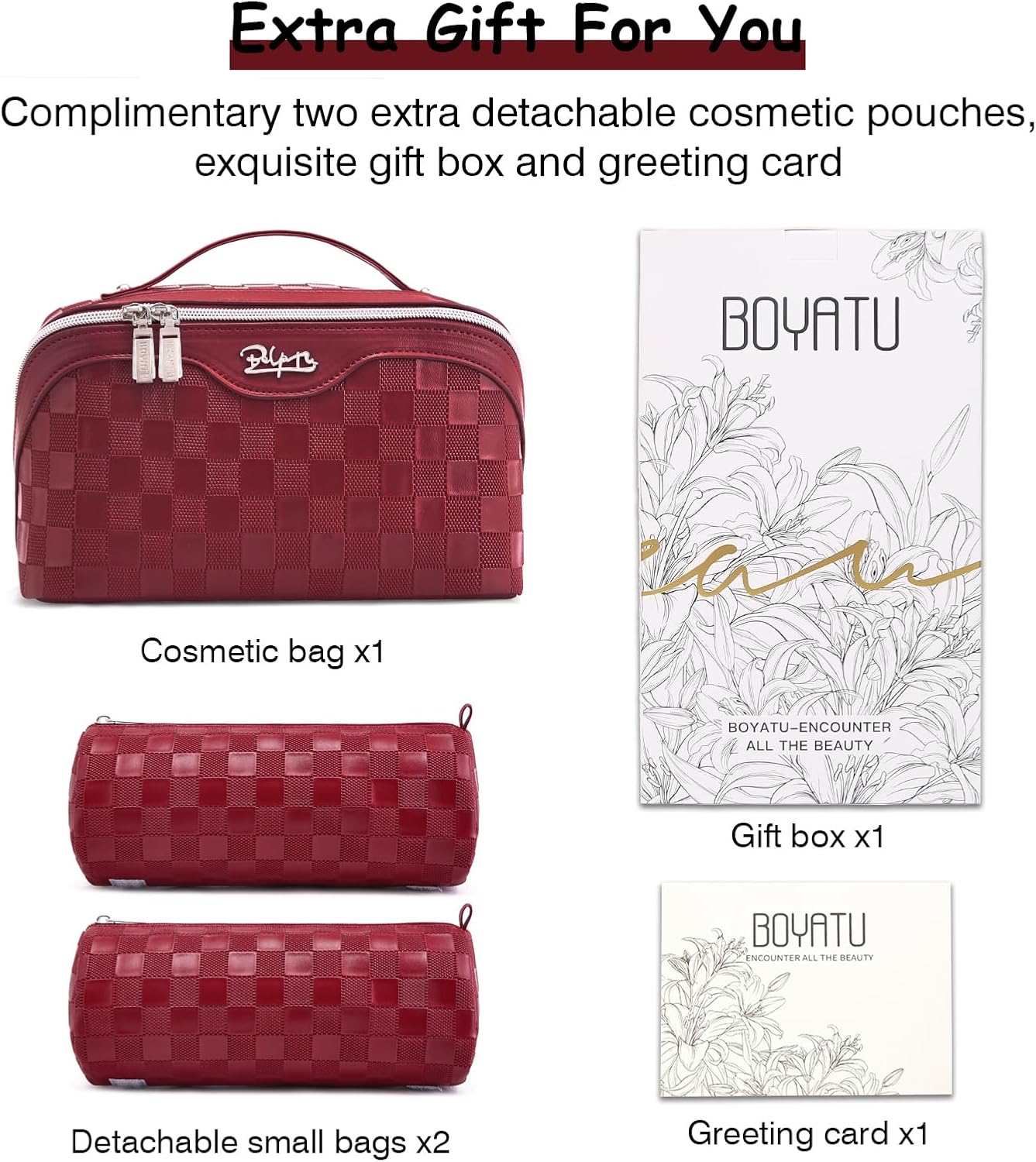 Travel Makeup Bag Organizer Cosmetic Bag: 3 Pcs Set Make up Bags for Women with Handle - Waterproof Vegan Leather Toiletry Bags with Comparments (C-11-Red)