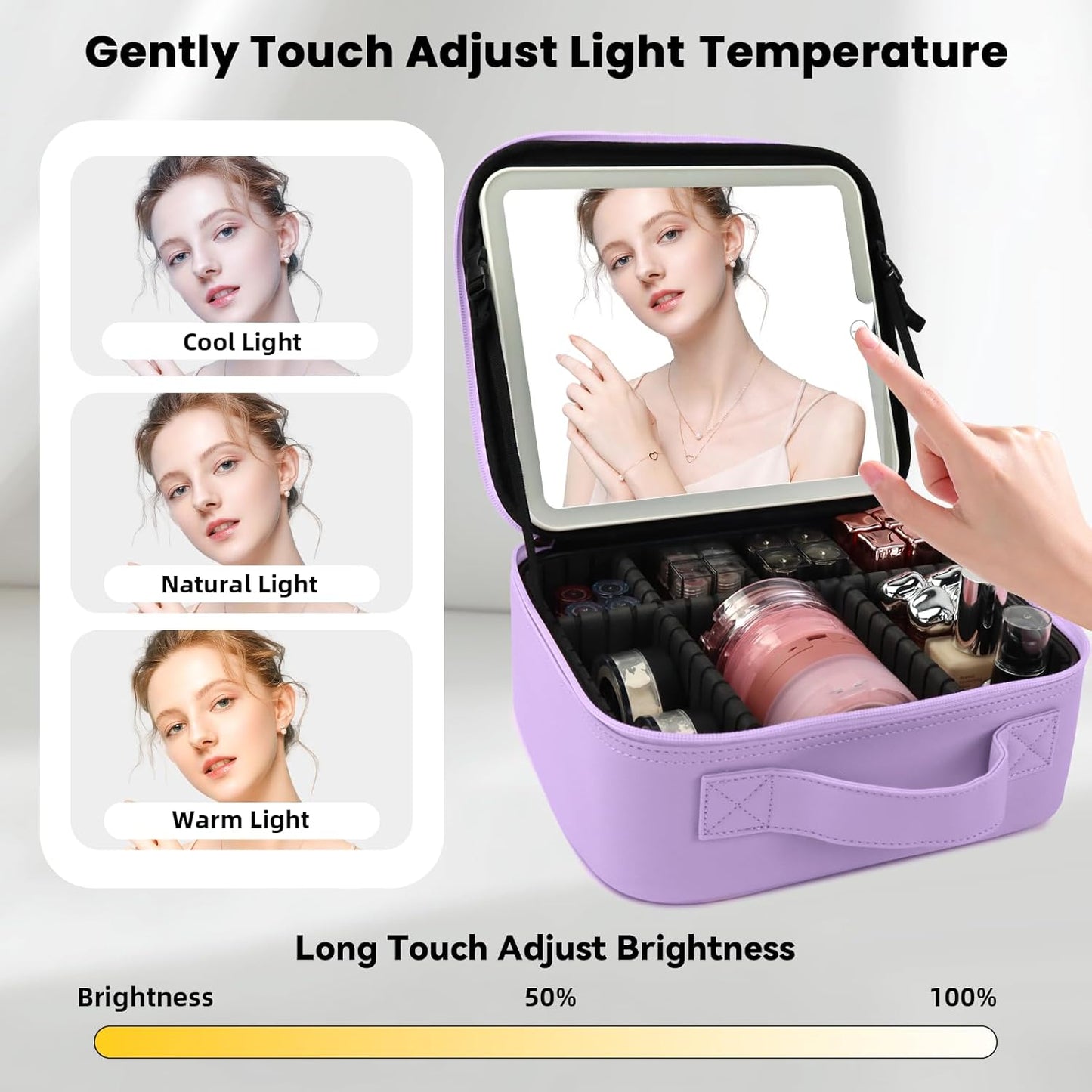 Travel Makeup Bag with LED Mirror and Light Travel Makeup Case Cosmetic Organizer Portable Cosmetic Brush Organizer Bag with Adjustable Dividers for Cosmetics Makeup Brushes Toiletry(Purple)