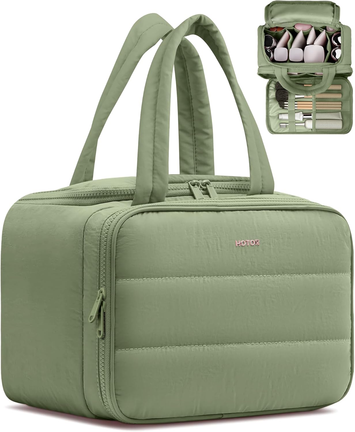 HOTOR Travel Toiletry Bag - Wide-Open Toiletry Bag for Women, Multi-Pocket Makeup Bag for Travel Essentials, Wet & Dry Separation Travel Accessories for Business Trip, Gym, 11.5"×5.9"×8.4", Green