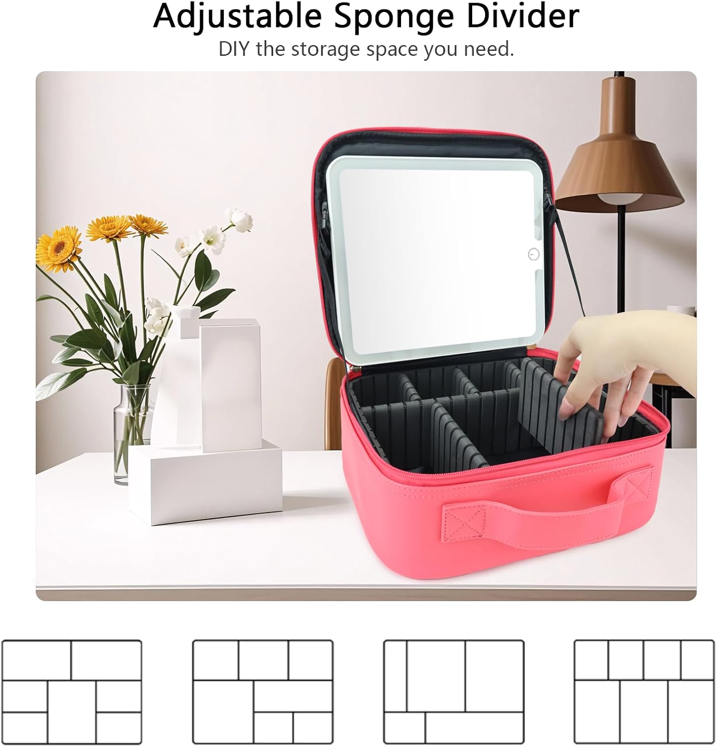 Travel Makeup Bag with LED Mirror Travel Makeup Organizer with 3 Lighted Settings, Adjustable Dividers and Makeup Brush Storage Bag Light Red