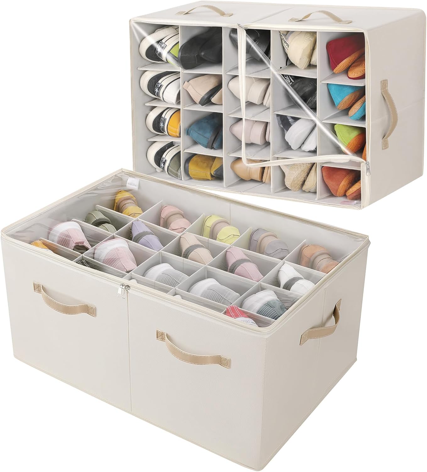 Shoe Organizer for Closet 2 Pack, Foldable Shoe Box with Adjustable Divider and Clear Cover, Space Saving Shoe Storage Organizer Cabinet with Reinforced Handles, Fits 40 Pair, Beige, TP11Y