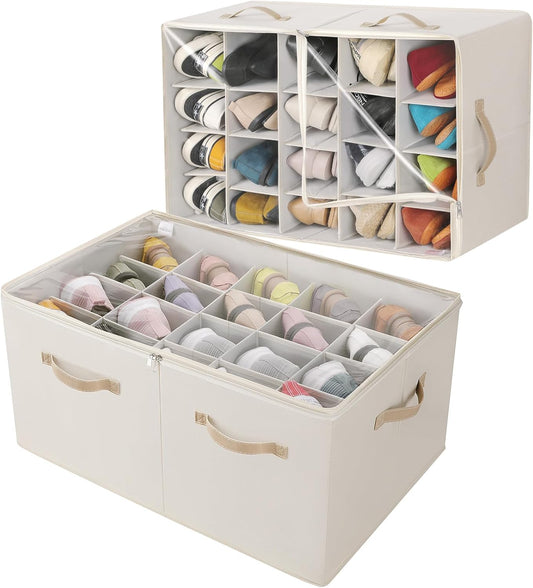 Shoe Organizer for Closet 2 Pack, Foldable Shoe Box with Adjustable Divider and Clear Cover, Space Saving Shoe Storage Organizer Cabinet with Reinforced Handles, Fits 40 Pair, Beige, TP11Y