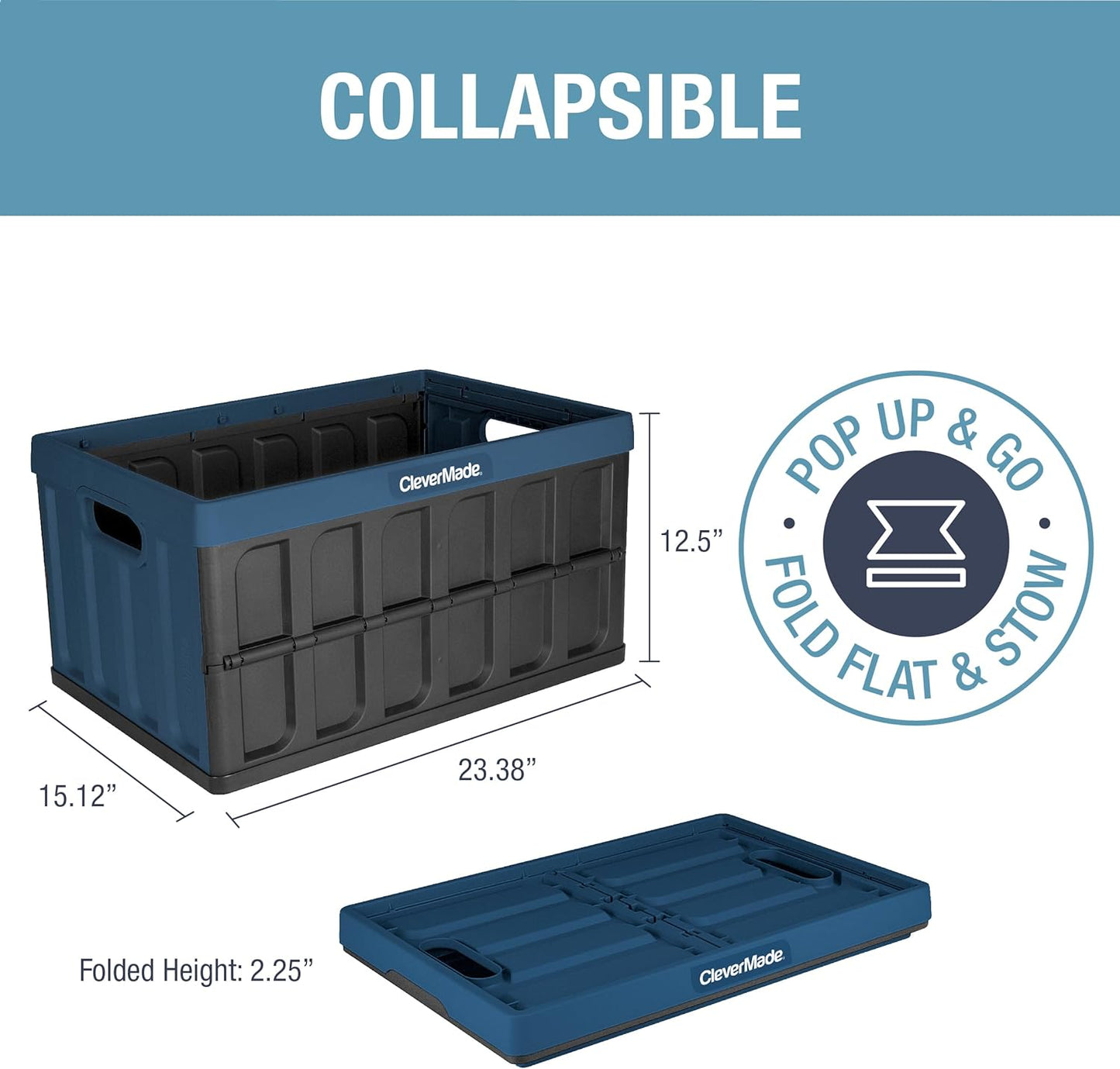 CleverMade Collapsible Storage Bins - Ocean 3 Pack 62L / 16 Gal holds 75 lbs - Stackable Containers Heavy Duty Capacity Crates Space-Saving