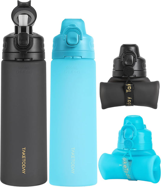 TakeToday Collapsible Water Bottles 20oz, Leak Proof, BPA-Free, Foldable Silicone Travel Water Bottle with Straw Strap for Cycling, Hiking, Outdoors