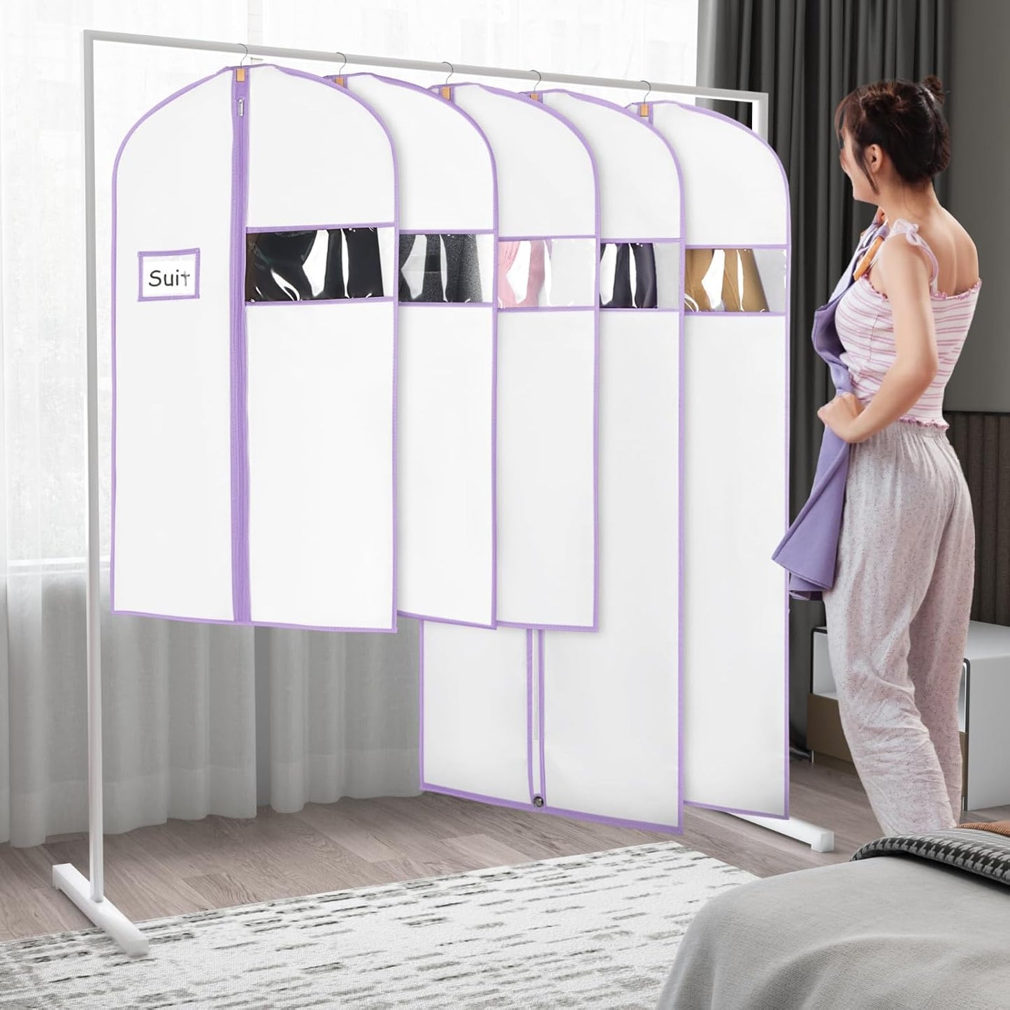 Syeeiex 60'' Garment Bags for Hanging Clothes, Set of 8 Dress Bags for Gowns, Dress Garment Bags for Gowns, Evening Dresses, Fur Coat, Long Dress(White & Purple)