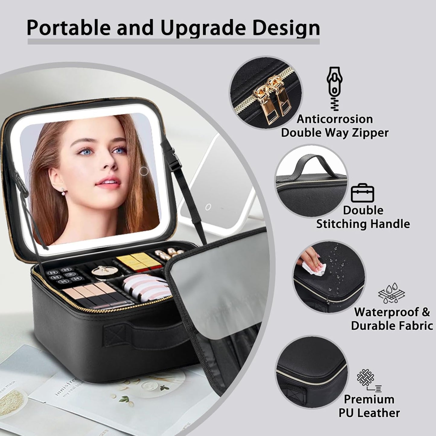 Makeup Bag with Led Mirror,Travel Makeup Organizer with 3 Color Setting, Portable Storage and Adjustable Dividers Travel Makeup Bag(Black)