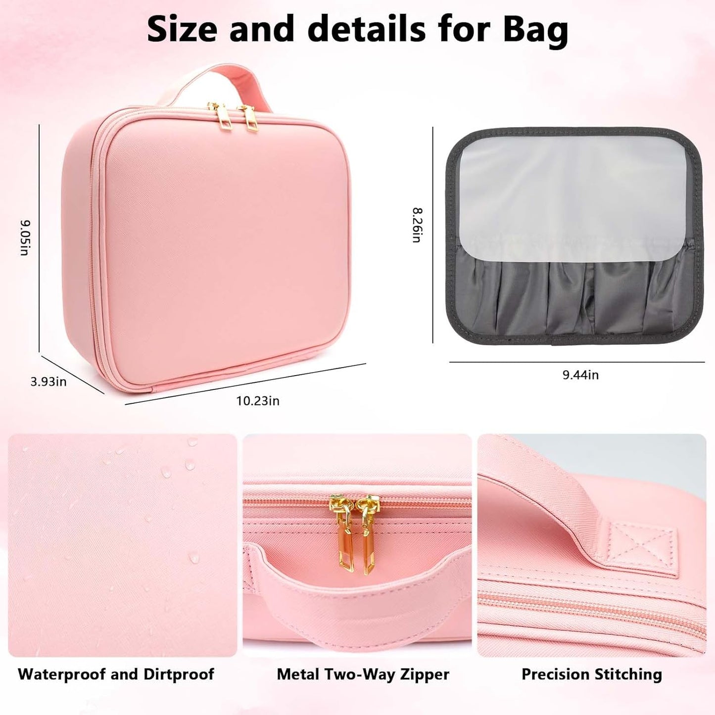 Travel Makeup Bag with LED Mirror Travel Makeup Organizer with 3 Lighted Settings, Adjustable Dividers and Makeup Brush Storage Bag Pink