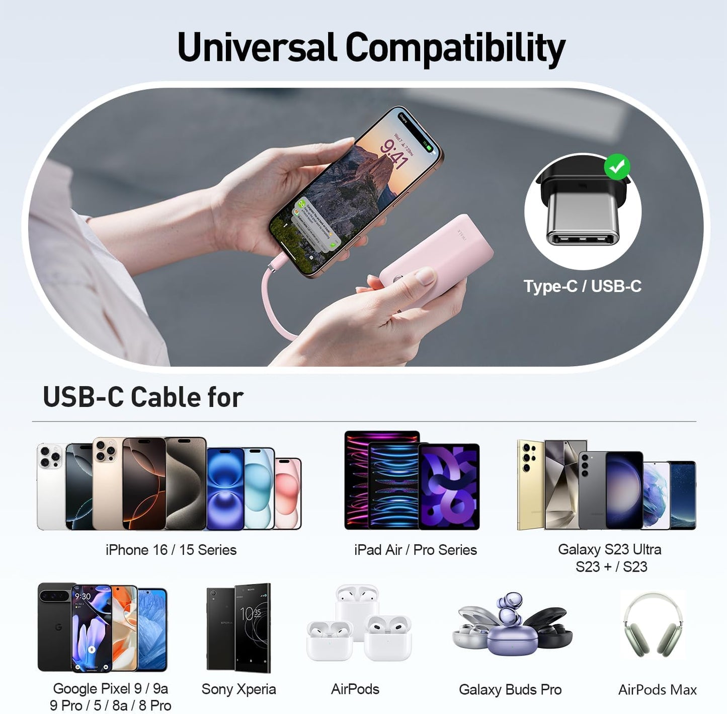 iWALK Mini Portable Charger 10,000mAh, 22.5W USB-C Fast Charging Power Bank with Built-in Cable, Travel Essential Ultra-Small Battery Pack Compatible for iPhone 16/16 Pro/15, Samsung, Google, Pink