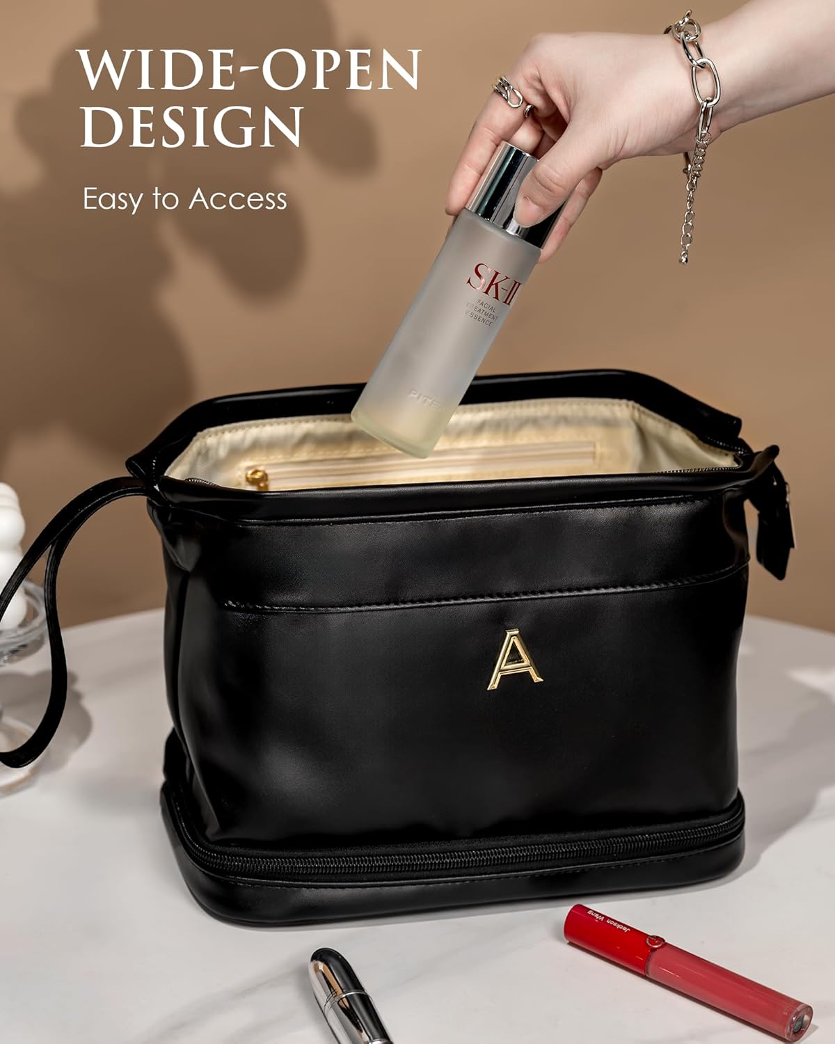 Birthday Gift Ideas, Gifts for Women, Initial Large Makeup Bag for Her, Travel Essentials, Girly Girl Stuff Cosmetic Bag with Makeup Brush Organizer, Gifts for Mothers Teens Girls