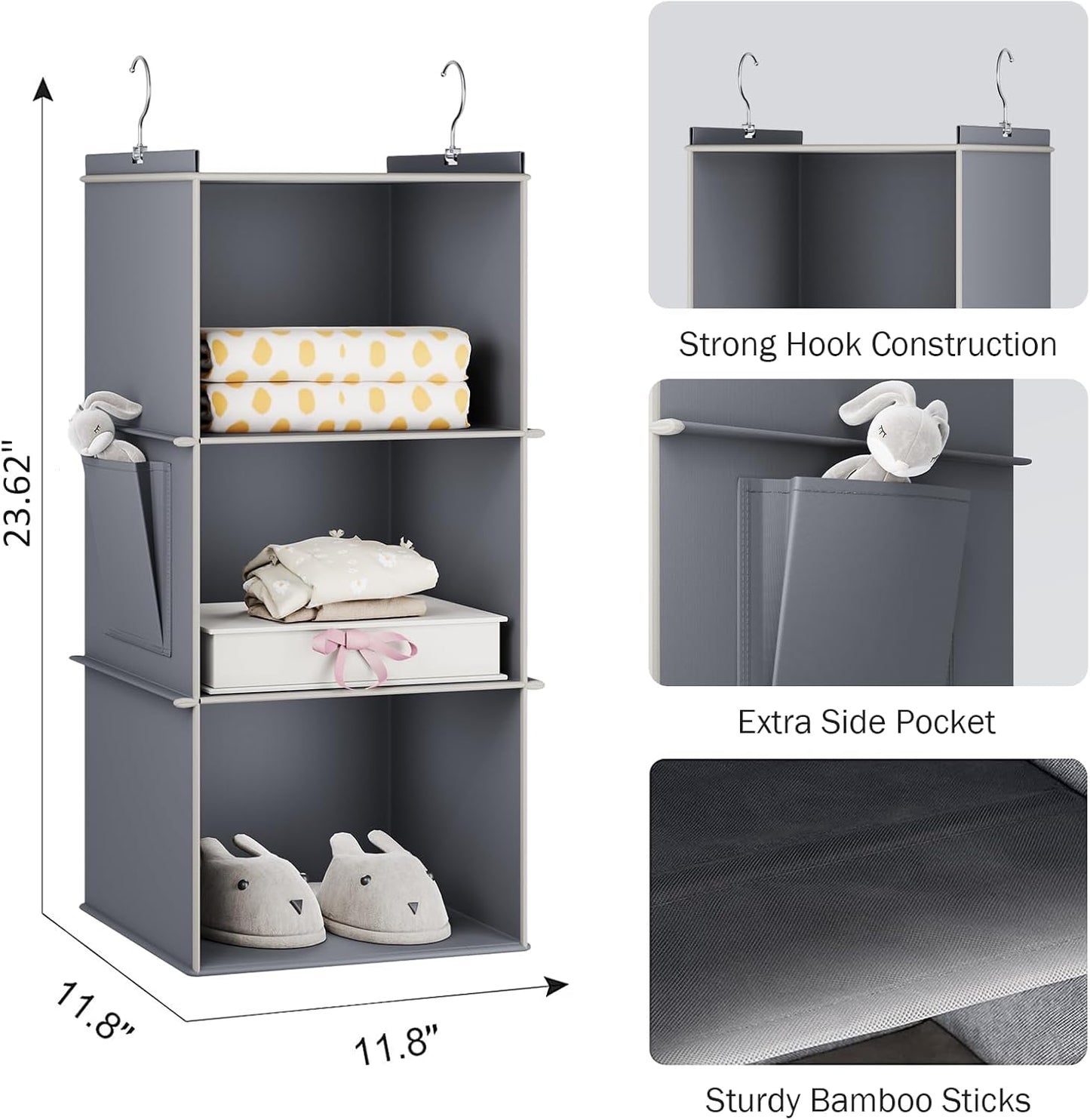 YOUDENOVA Hanging Closet Organizer, 3-Shelf Closet Hanging Storage Shelves, Grey