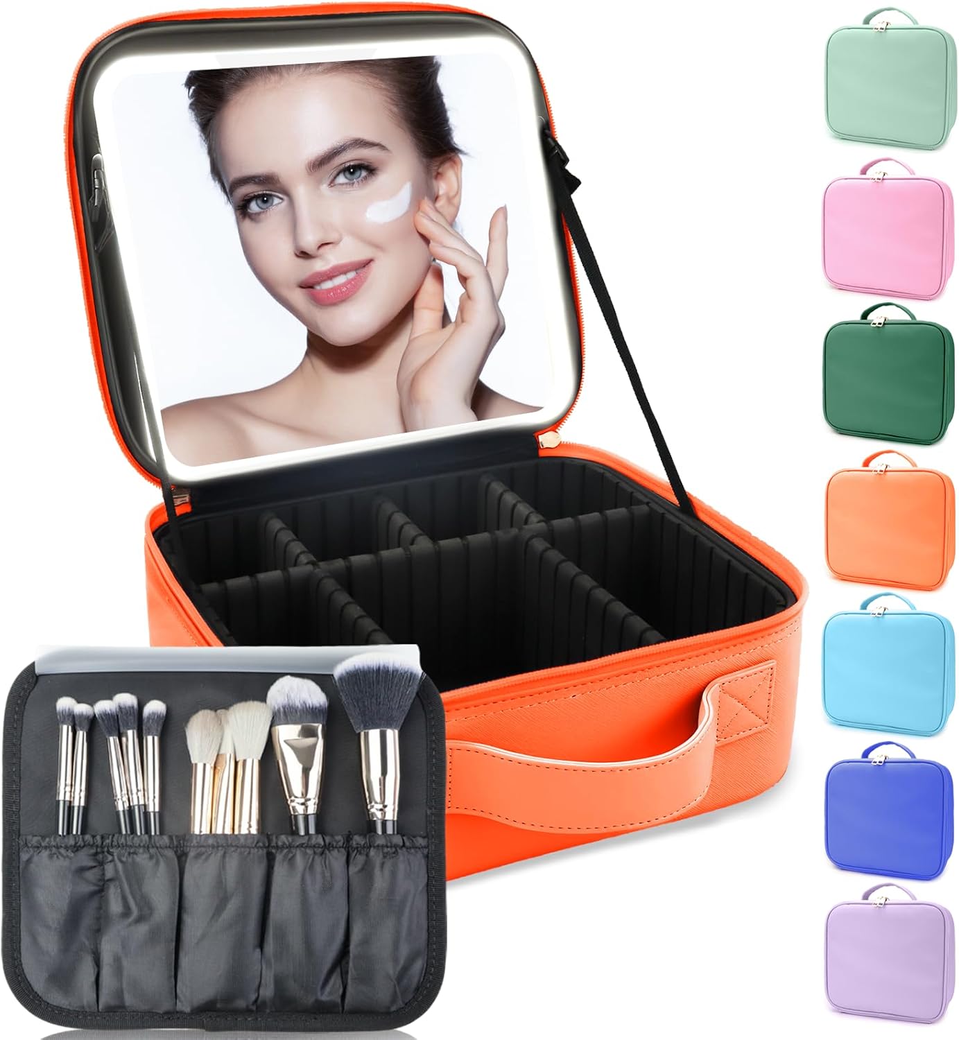 Makeup Bag with Led Mirror,Travel Makeup Organizer with 3 Color Setting, Portable Storage and Adjustable Dividers Travel Makeup Bag(Orange)