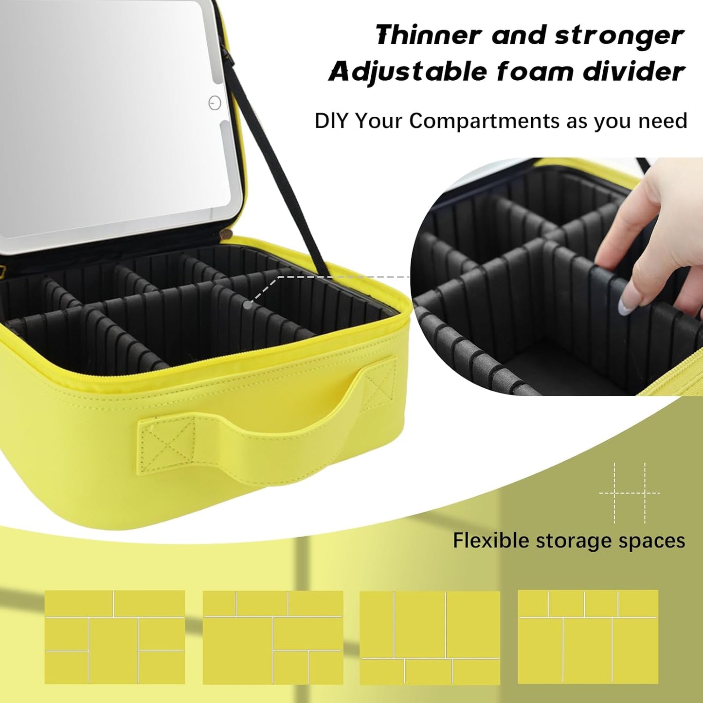 Makeup Bag with Led Mirror,Travel Makeup Organizer with 3 Color Setting, Portable Storage and Adjustable Dividers Travel Makeup Bag(yellow)