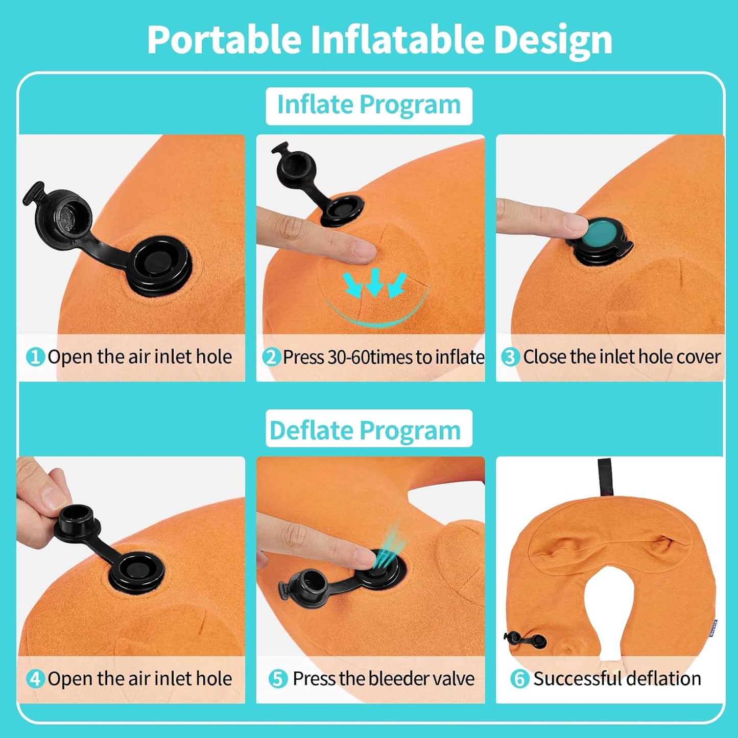 2 Pack Inflatable Travel Neck Pillows for Airplanes, Head Support Velvet Adult Neck Pillows for Long Flight, Kit with Eye Mask, Earplugs and Storage Bag, 2, Orange