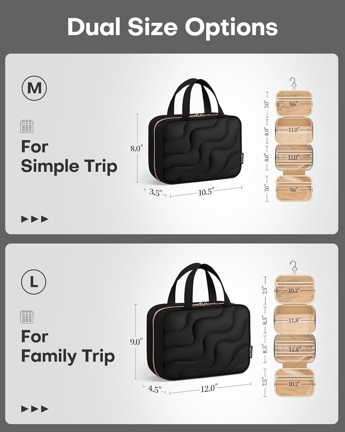 HOTOR Hanging Toiletry Bag - Spacious Travel Toiletry Bag for Women & Men, Multi-Pocket Makeup Organizer, Travel & Cruise Essentials for Business Trip, Gym, Black, 12.6" x 9.9" x 4.3"