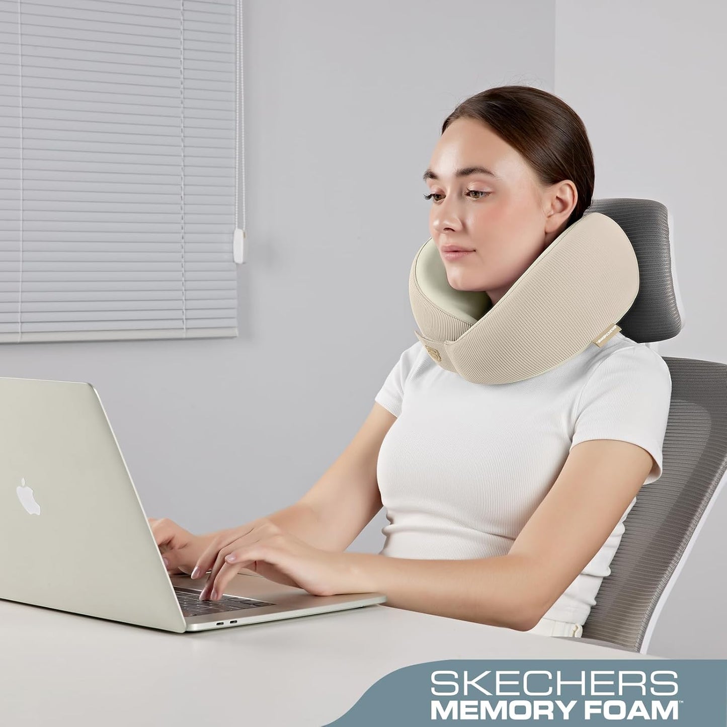 Skechers Men's Memory Foam Neck Pillow, Comfortable & Breathable Travel Pillow, Neck Pillow Airplane for Travel, Car Rides, Home, and Office Use, Ergonomic Design for Men and Women,Beige