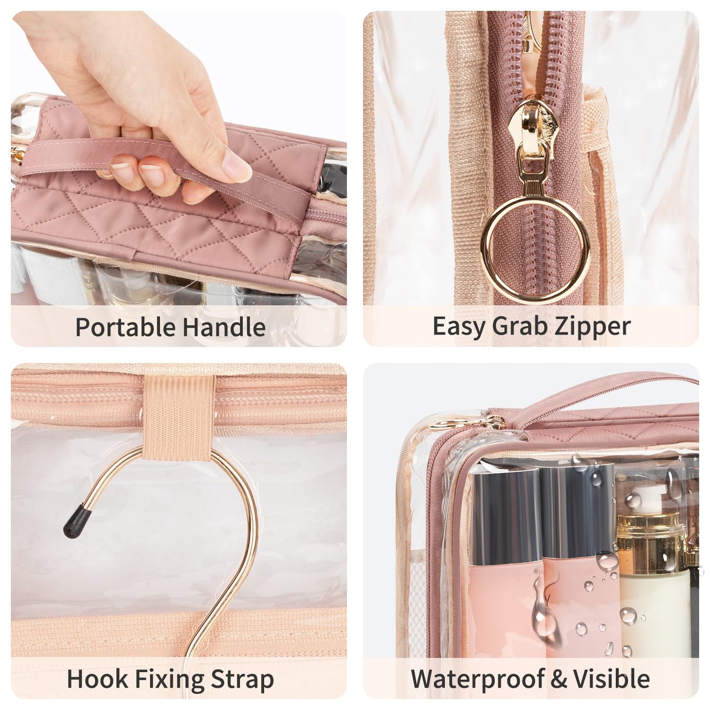 CUBETASTIC Clear Makeup Bag for Women, Transparent Cosmetic Organizer Case for Travelling, Hanging Toiletry Bag for Travel Essentials 3 Comparment Skincare Pouch with Potable Handle