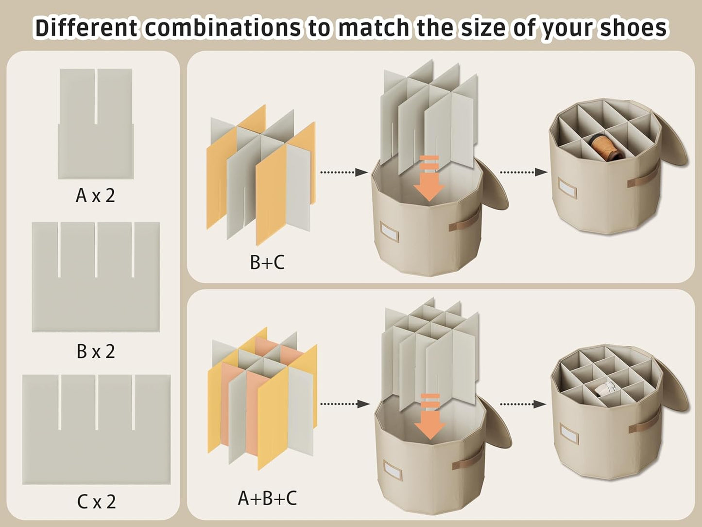 Vailando Shoe Organizer for Closet - Cylindrical Shoe Storage Organizer with Removable Dividers, Rectangular Compartment, Foldable, Beige, 1-Pack