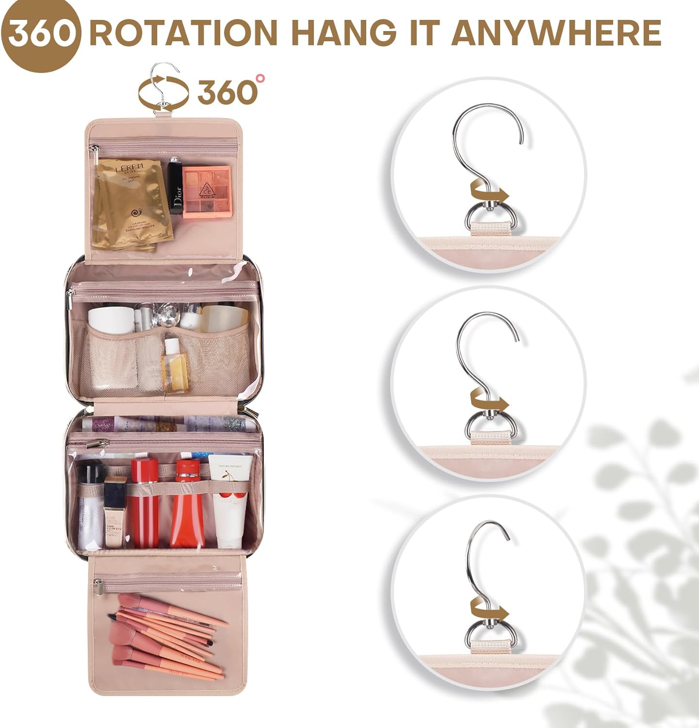 Hanging Toiletry Bag for Women Travel, 2 Sizes Large & Small Waterproof Cosmetic Organizer with 4 Compartments, Rotating Hook, Foldable Pink Travel Bag for Toiletries & Makeup - Large Beige