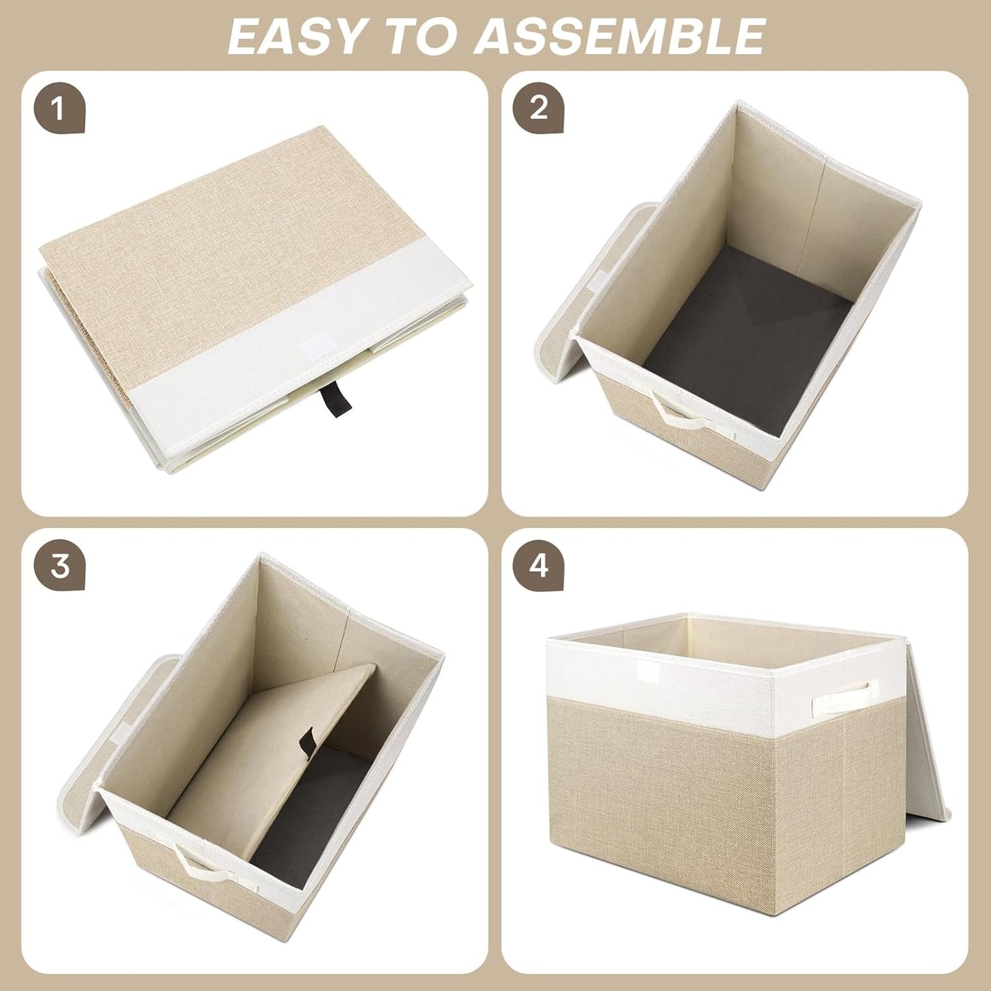 Large 17" 42 Quarts Collapsible Stackable Storage Bins with Lids [3-Pack] Foldable Fabric Linen Storage Boxes Cube, Closet Organizer Baskets with Label (16.7 x 12 x 12, Beige & White)