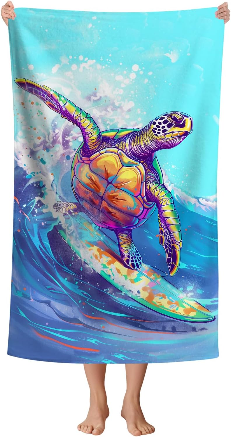 WZOMT Microfiber Turtle Beach Towel Oversized, Funny Sea Turtle Surfing Blue Ocean Pool Towel, Quick Dry Animal Print Bath Towel, Soft Absorbent Towels for Swim Travel Yoga Sports 32x52 Inch