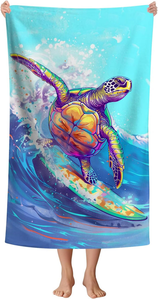 WZOMT Microfiber Turtle Beach Towel Oversized, Funny Sea Turtle Surfing Blue Ocean Pool Towel, Quick Dry Animal Print Bath Towel, Soft Absorbent Towels for Swim Travel Yoga Sports 32x52 Inch