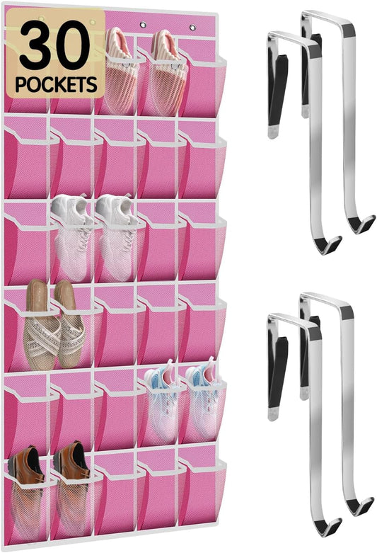 Over the Door Shoe Organizer with 30 Breathable Mesh Pockets - Large Capacity Closet Storage for Men & Women, Hanging Shoe Rack Organizer -Pink