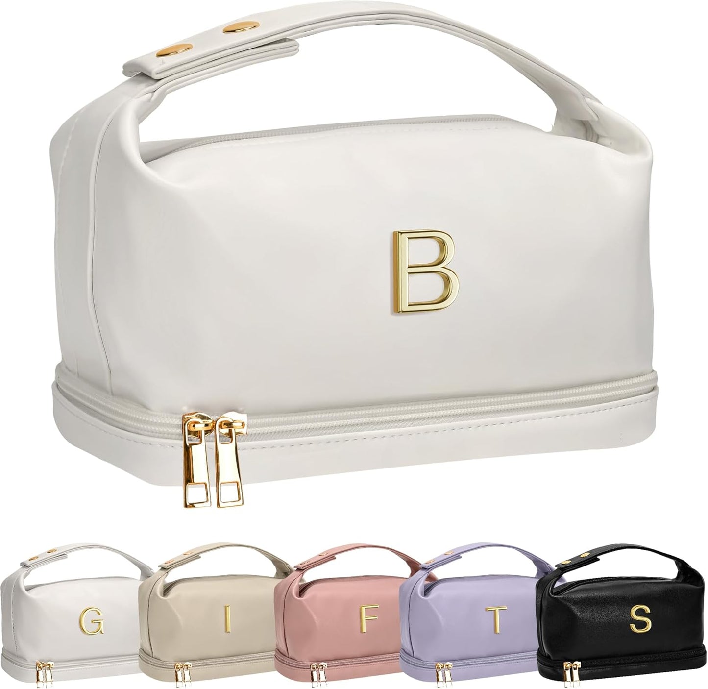 Monogrammed Gift for Women Girls, Initial Makeup Bag, Personalized Double Layer Cosmetic Bag with Makeup Brush Organizer, Large Capacity PU Leather Travel Toiletry Bag, Sister Gifts