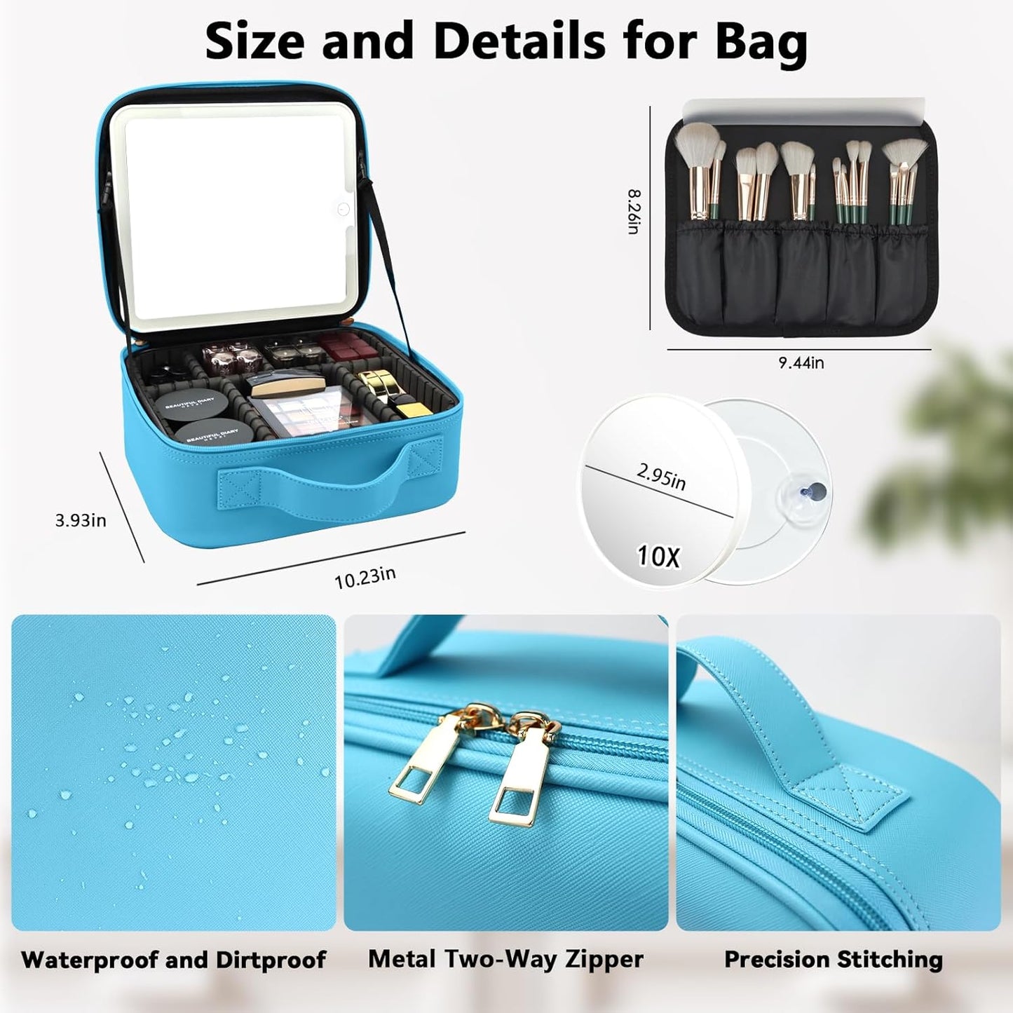 Travel Makeup Bag with LED Mirror and 10x magnifying glass with 3 Lighted Settings, Adjustable Dividers and Makeup Brush Storage Bag Blue
