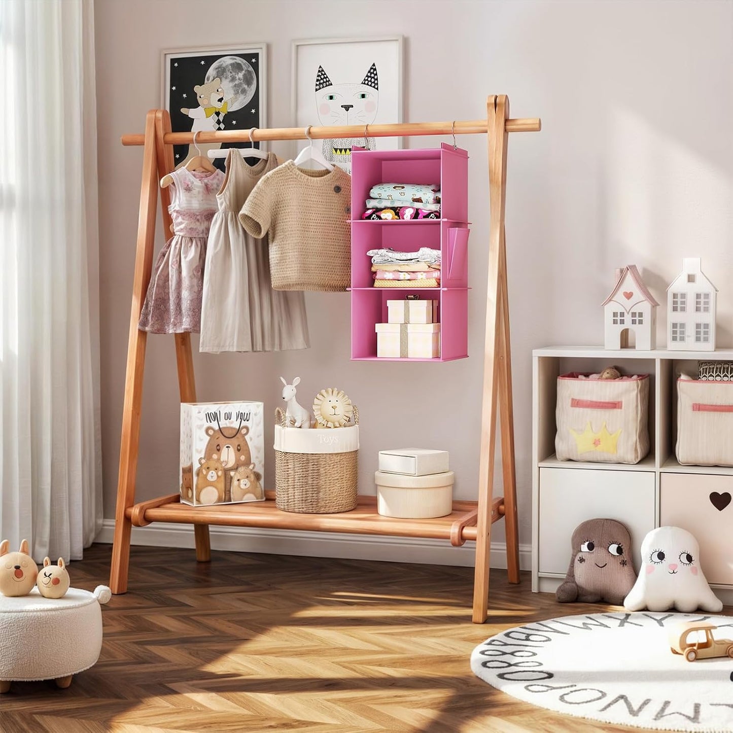 YOUDENOVA Hanging Closet Organizer, 3-Shelf Closet Hanging Storage Shelves, Light Pink