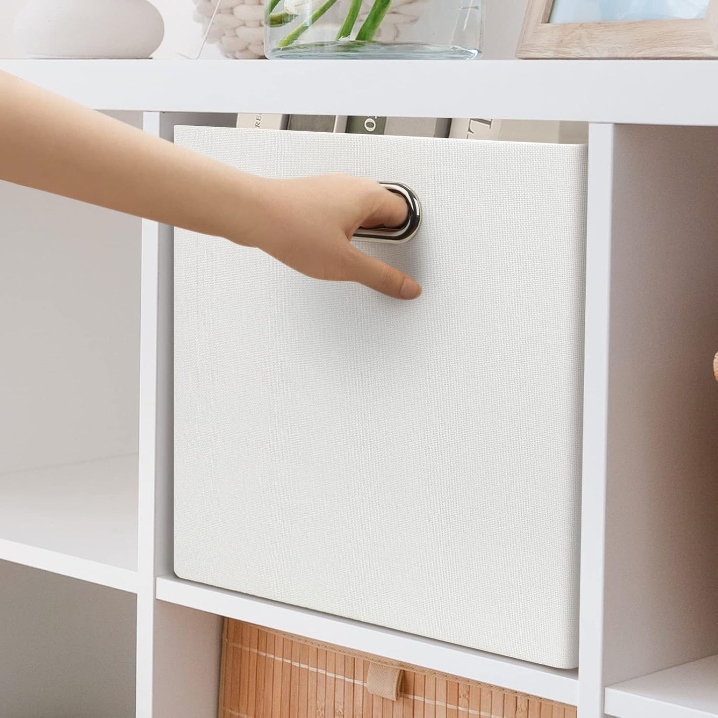 Posprica Fabric Storage Cubes, 13x13 Collapsible Storage Bins with Dual Handles, Foldable Storage Boxes Basket for Closet Shelf Cabinet Bookcase Organization, Set of 4, White