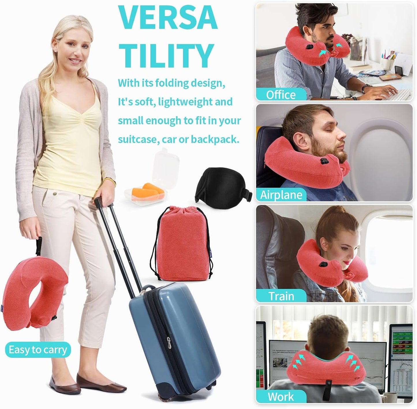 Inflatable Travel Neck Pillow for Airplane, Head Support Velvet Adult Neck Pillow for Long Flight, Kit with Eye Mask, Earplugs and Storage Bag,1, Rose Pink