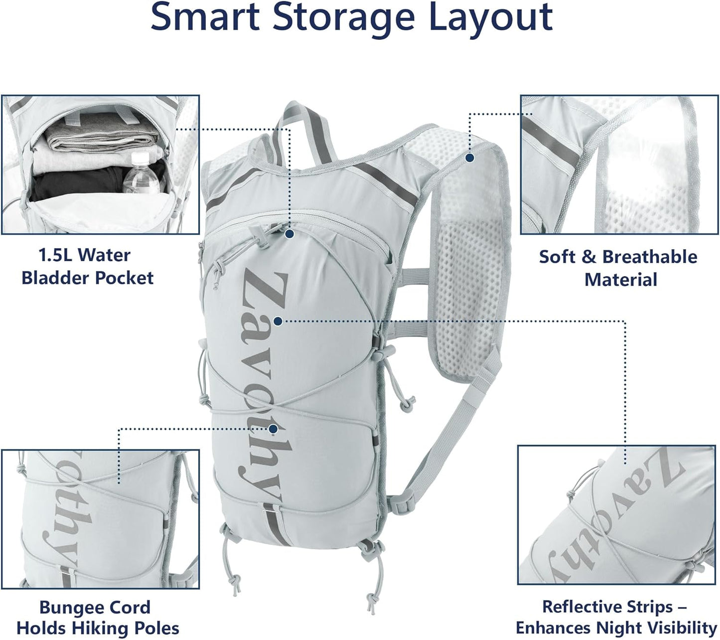 Zavothy Hydration Running Vest for Men & Women – Lightweight 1.5L Hydration Pack with Phone Pockets, Water Bottle Holders, Reflective Strips, Rain Cover – Trail Running, Cycling, Marathon