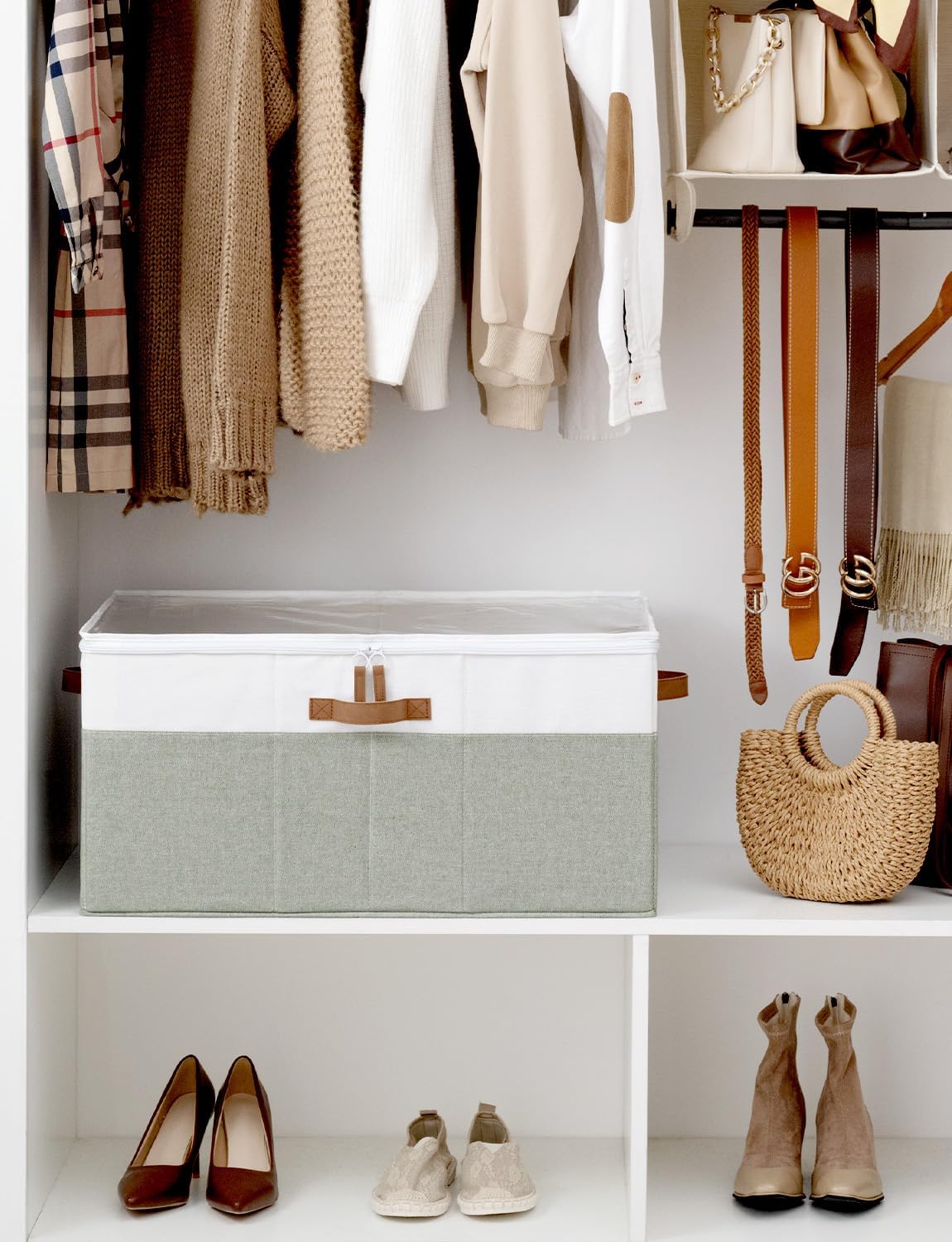 StorageWorks Shoe Organizer for Closet, Fits up to 24 Pairs, Shoe Cubby Storage Containers with Adjustable Dividers and Clear Cover, Green & White