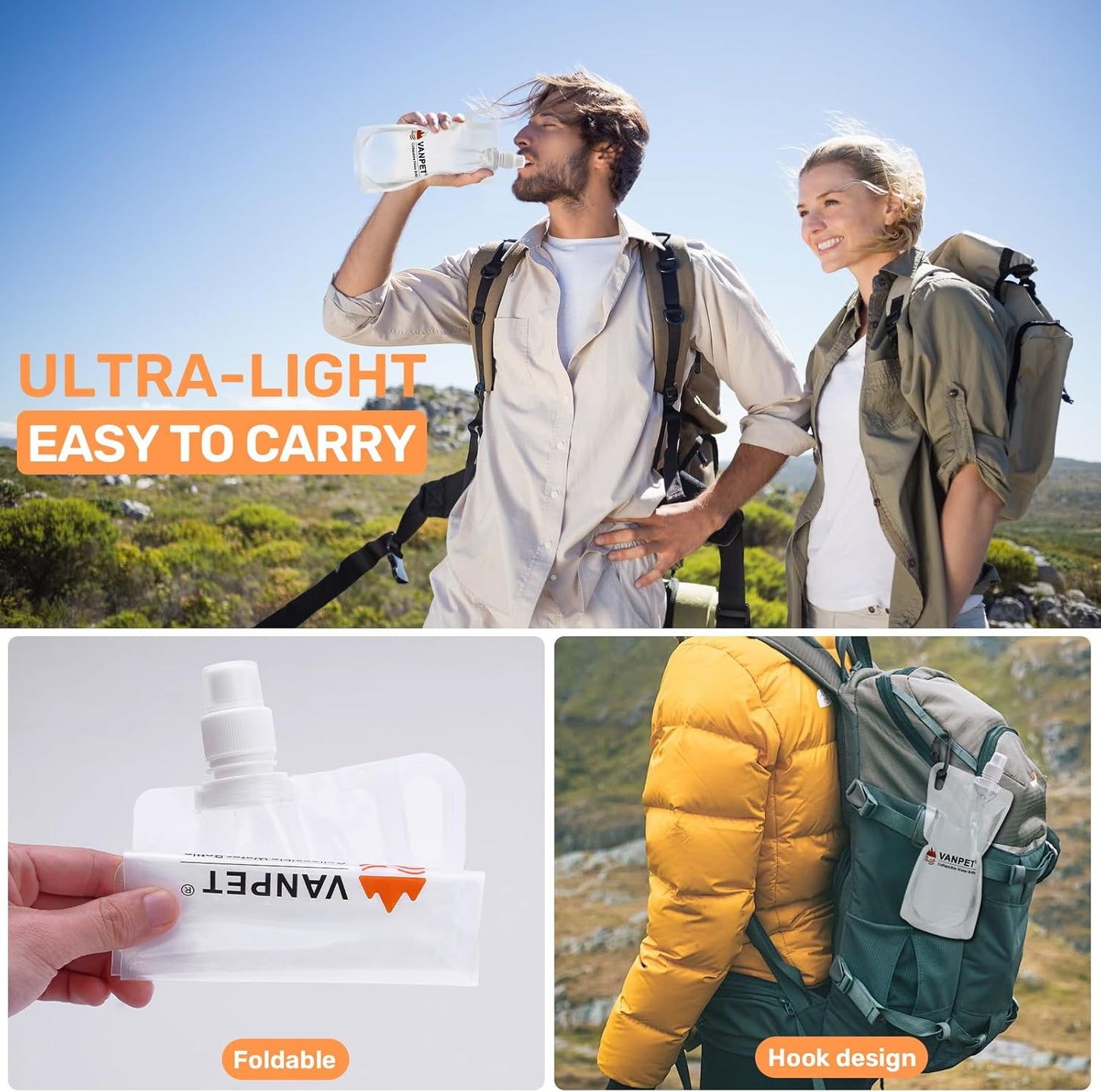 1L Hiking Collapsible Water Bottles, 33OZ BPA-Free Plastic Flasks, Reusable Drink Bags, Foldable Backpacking Water Bottle for Travel Camping Hiking (2-Pack)