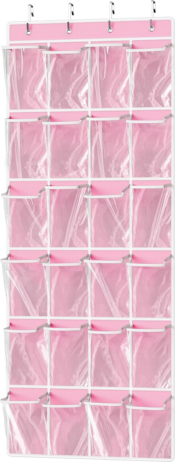 Simple Houseware 24 Pockets Large Clear Pockets Over The Door Hanging Shoe Organizer, Pink (56" x 22.5")