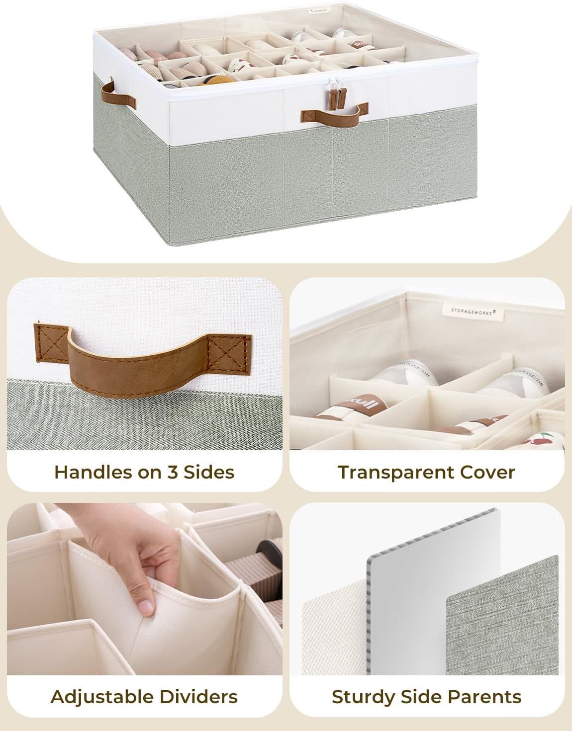 StorageWorks Shoe Organizer for Closet, Fits up to 24 Pairs, Shoe Cubby Storage Containers with Adjustable Dividers and Clear Cover, Green & White