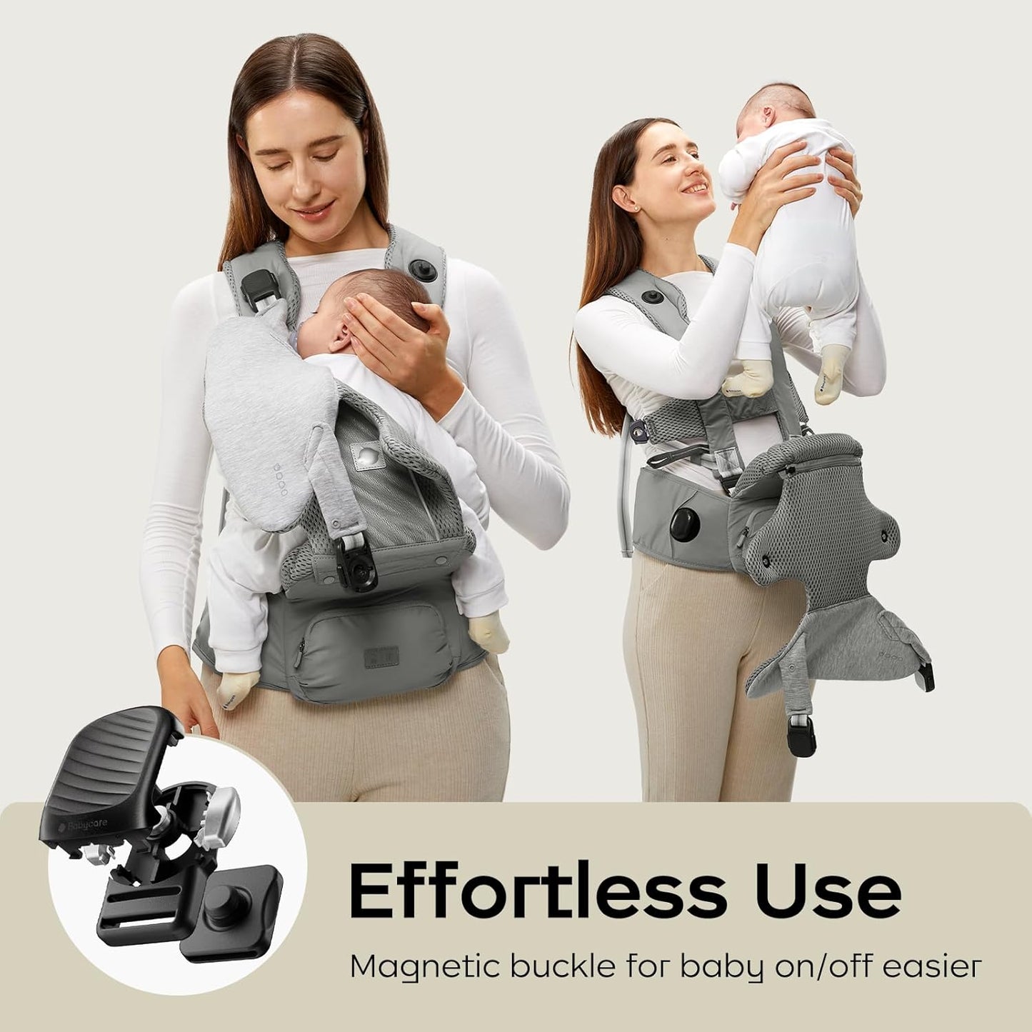 Bc Babycare Hexa Effortless Baby Carrier with Hip Seat - Ergonomic Toddler Carrier (13.2-33 lbs), Adjustable Slide Lock & Knob, Hip-Healthy Design for Parent's Back Relief, Gray