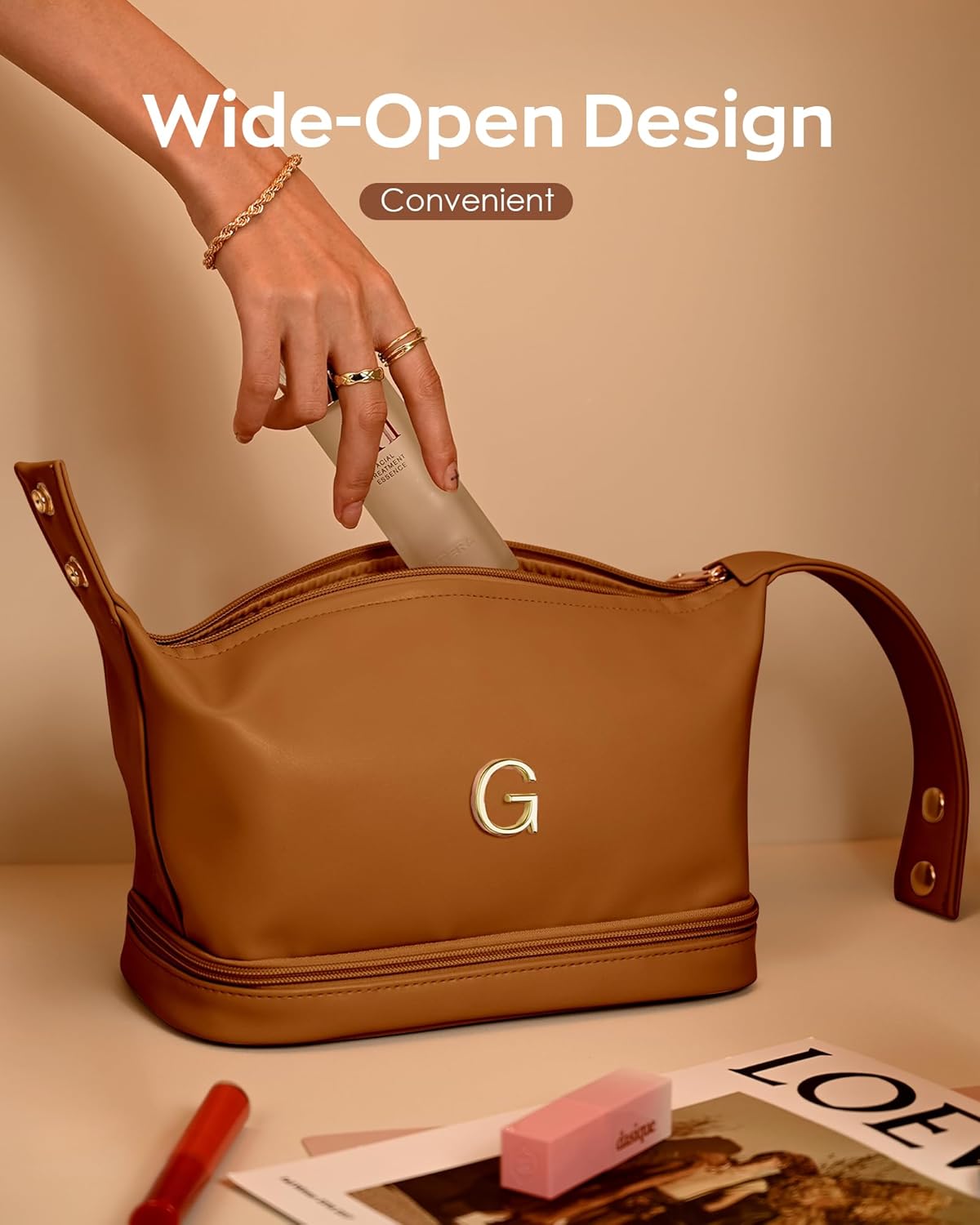 Teen Girl Gifts Trendy Stuff, Makeup Bags for Women with Handle, Initial Double Layer Cosmetic Bag with Makeup Brush Organizer, Cute Cosmetic Pouch for Women, Gifts for Friends Female Mom