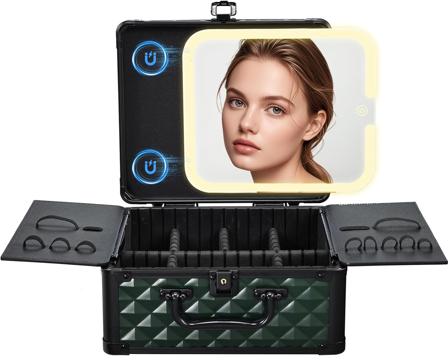 Makeup Box with Magnetic Lighted Up Mirror Makeup Organizer Box Travel Cosmetic Case Portable Vanity with 3 Colors LED MirrorMake up Suitcase with Lockable Keys Dividers Brush Holder Dark Green