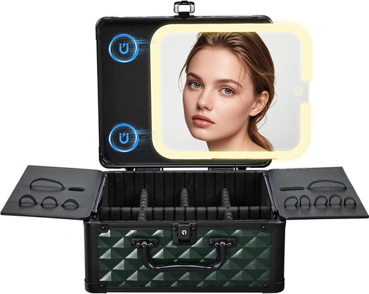 Makeup Box with Magnetic Lighted Up Mirror Makeup Organizer Box Travel Cosmetic Case Portable Vanity with 3 Colors LED MirrorMake up Suitcase with Lockable Keys Dividers Brush Holder Dark Green