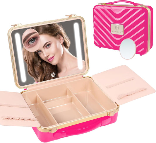 Kalolary Travel Makeup Train Cases with Lighted Mirror 3 Color Setting, Makeup Bag Cosmetic Case Organizer Adjustable Brightness Portable Makeup Storage Box with Detachable 5X Magnifying Mirror, Pink