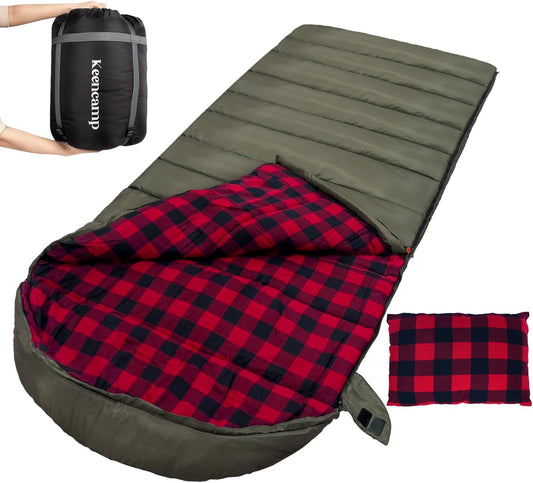 0 Degree Sleeping Bag Cotton Flannel Winter Cold Weather for Adults XXL Sleeping Bag 4 Season Big and Tall with Pillow Compression Sack