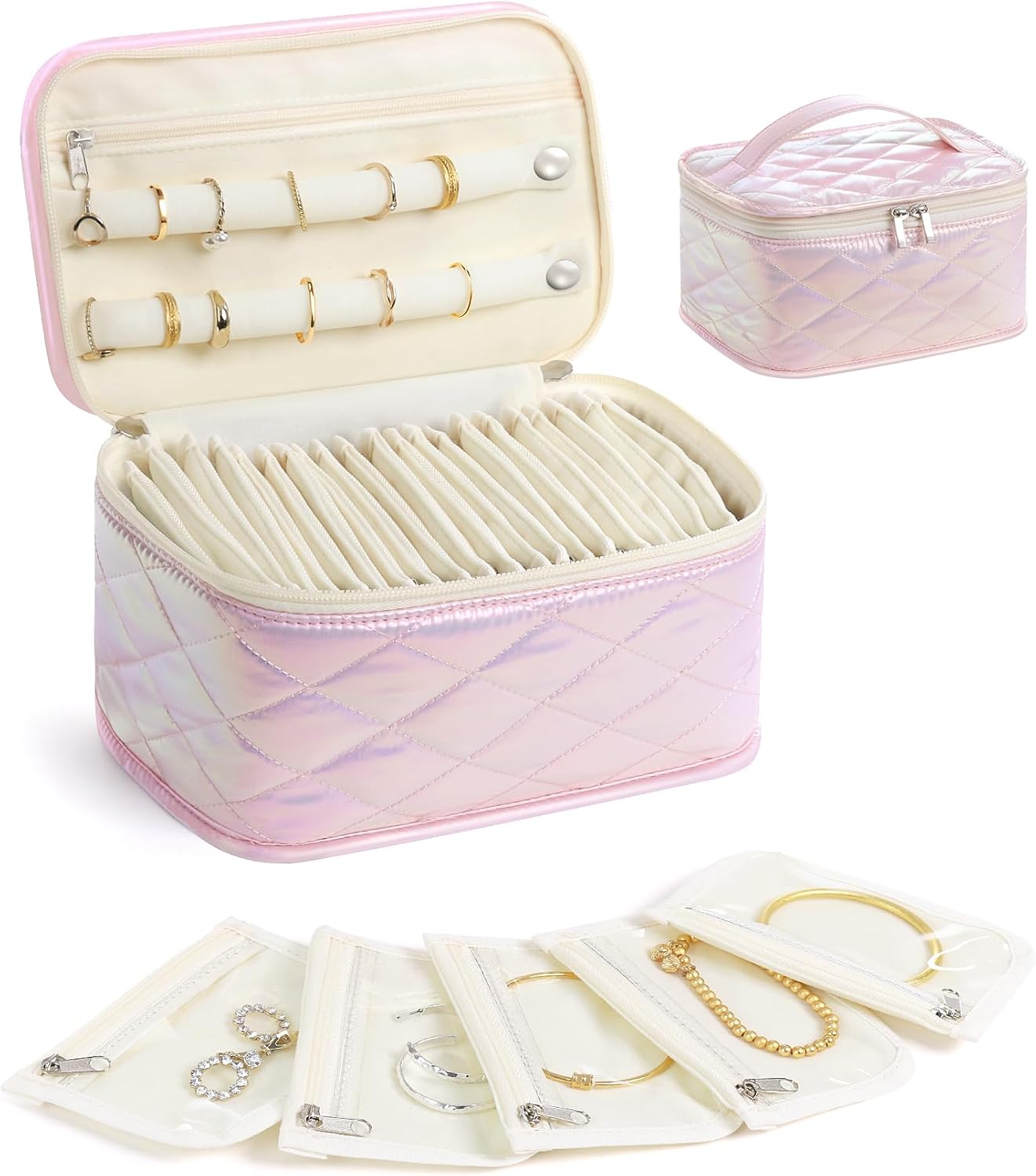 Large Travel Jewelry Organizer Box with 20 Clear Velvet Bags, Anti-Tangle & Anti-Oxidation Jewelry Case for Rings, Earrings, Necklaces & Bracelets – Quilted Pink Design, Gift for Women & Girls, Pink