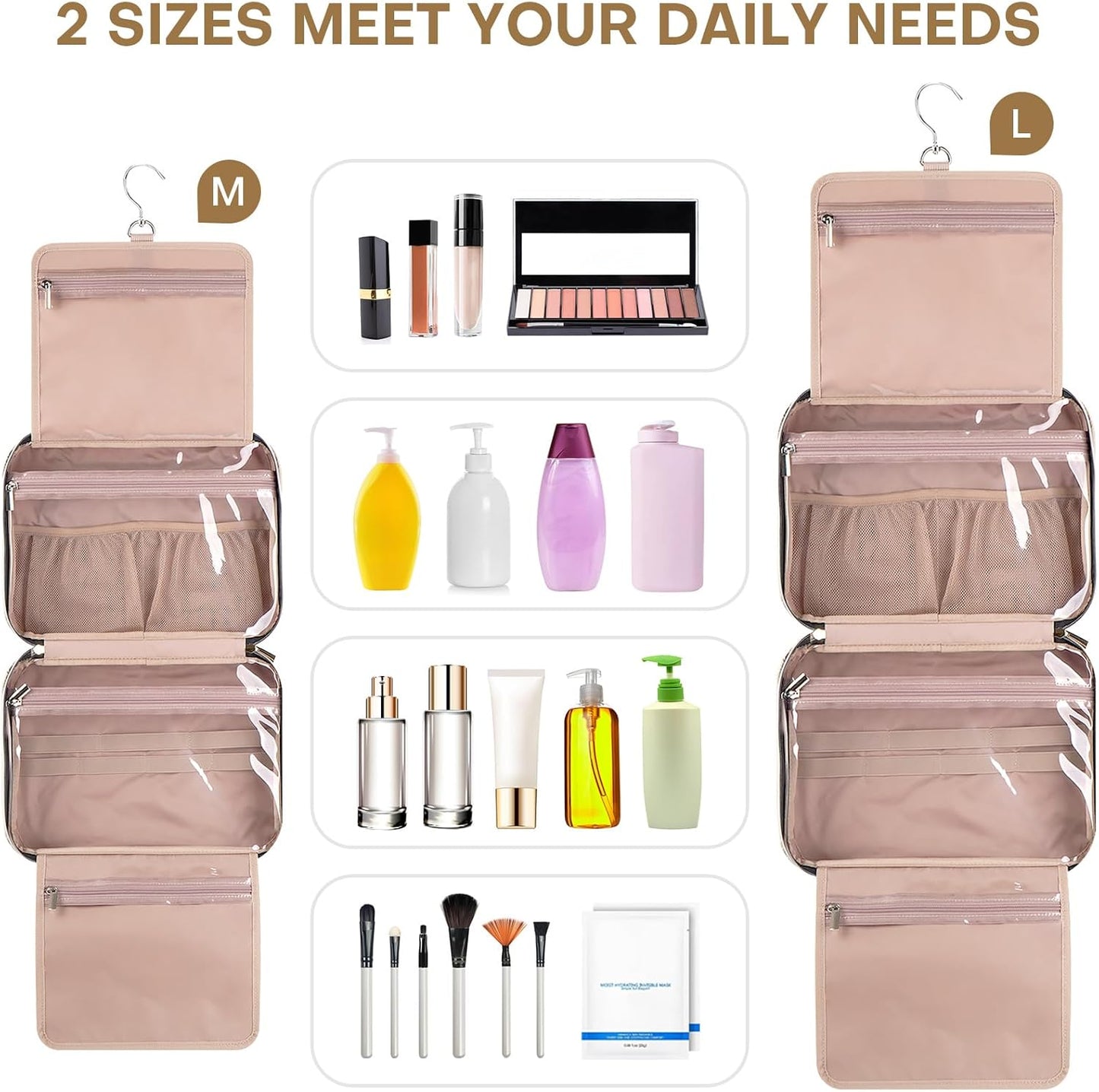 Hanging Toiletry Bag for Women Travel, 2 Sizes Large & Small Waterproof Cosmetic Organizer with 4 Compartments, Rotating Hook, Foldable Pink Travel Bag for Toiletries & Makeup - Medium Beige
