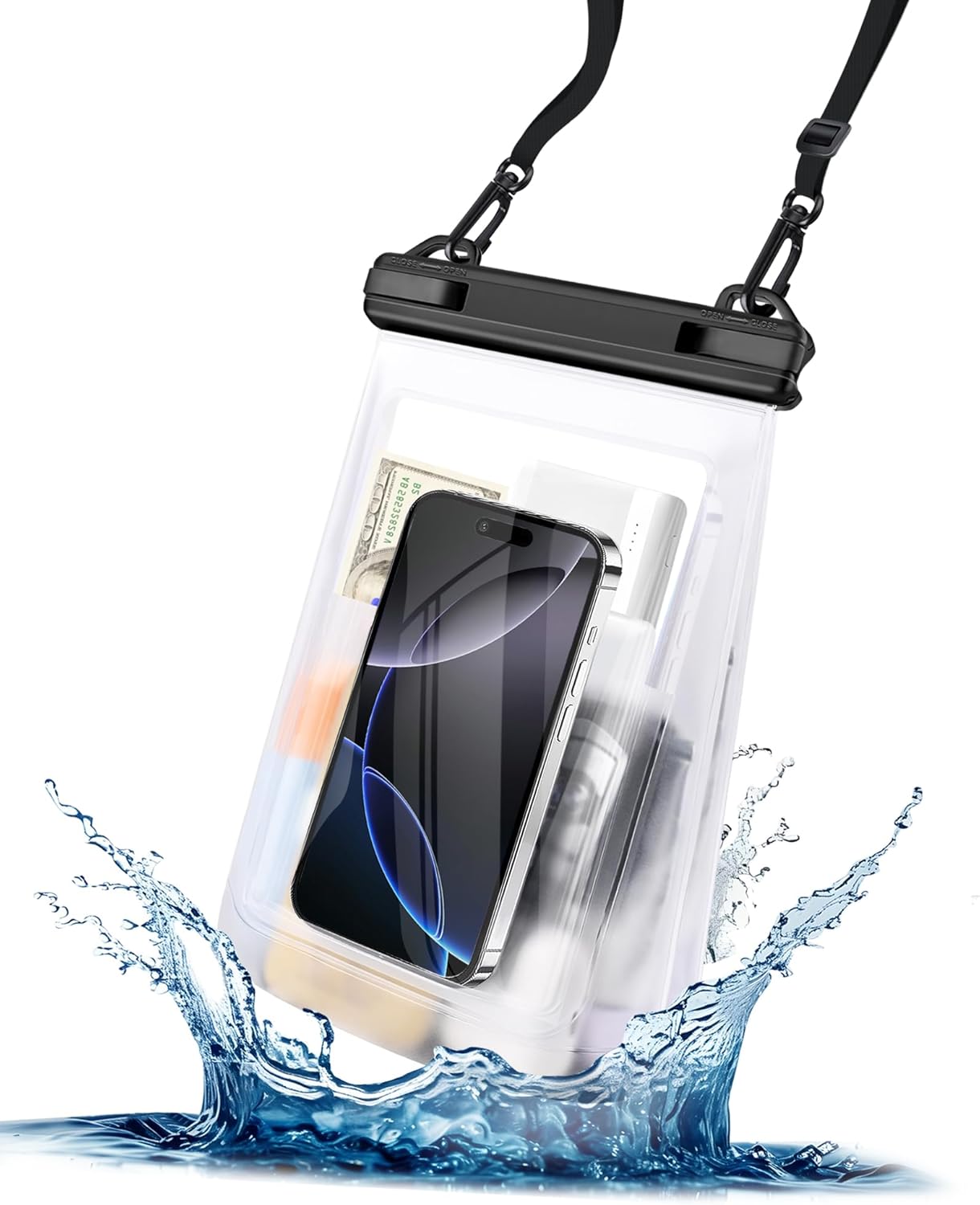 Large Waterproof Phone Pouch - [Oversized] [Floating] Waterproof Pouch for iPhone Galaxy Google and More, IPX8 Waterproof Dry Bag for Beach Vacation Belongings Black