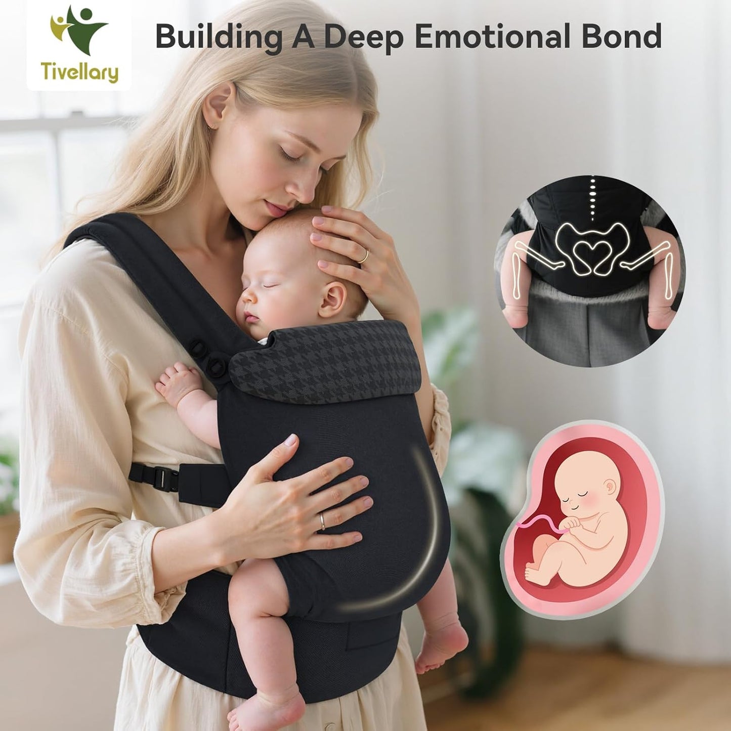 Reversible Baby Carrier – Black Solid & Houndstooth; Lightweight & Breathable Lyocell Fabric; Ergonomic Lumbar Support and Quick Hands-Free Wear for Newborn to Toddler (7–44 lbs)