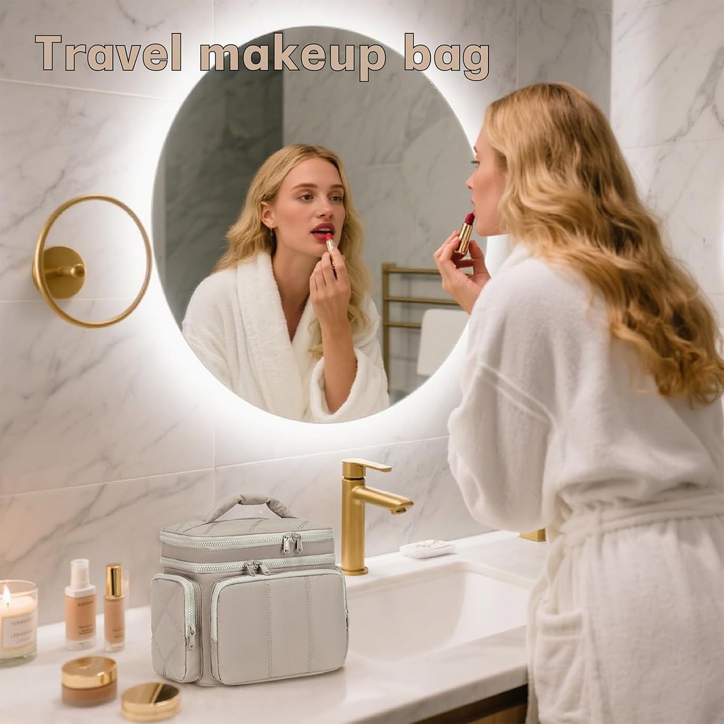 LEDAOU Toiletry Bag for Women,Quilted Travel Makeup Bag Organizer with Double Deck, Large Wide-open Cosmetic Make up Bag for Travel Essentials (Camel)