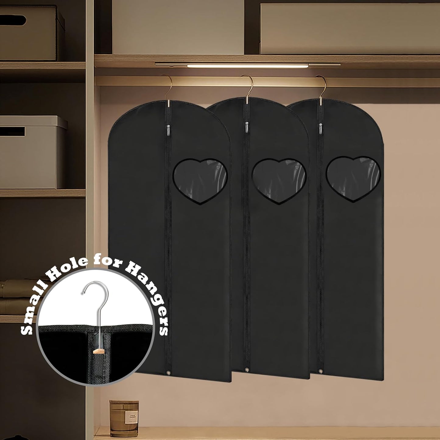 Dress Bags for Gowns Long, 45'' Garment Bags for Hanging Clothes, Suit Bag Cover for Storage and Travel, with Clear Heart Window, 2 Pack (Black)