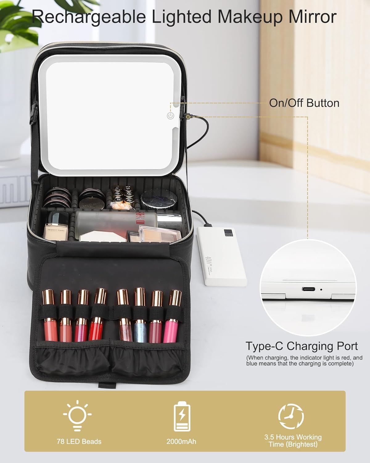 Relavel Makeup Bag with LED Mirror, Travel Makeup Case with Rechargeable Lighted Mirror 3 Color Lights, Dual Layer Cosmetic Box Makeup Brush Lipstick Holder Organizer for Women, Leather Black